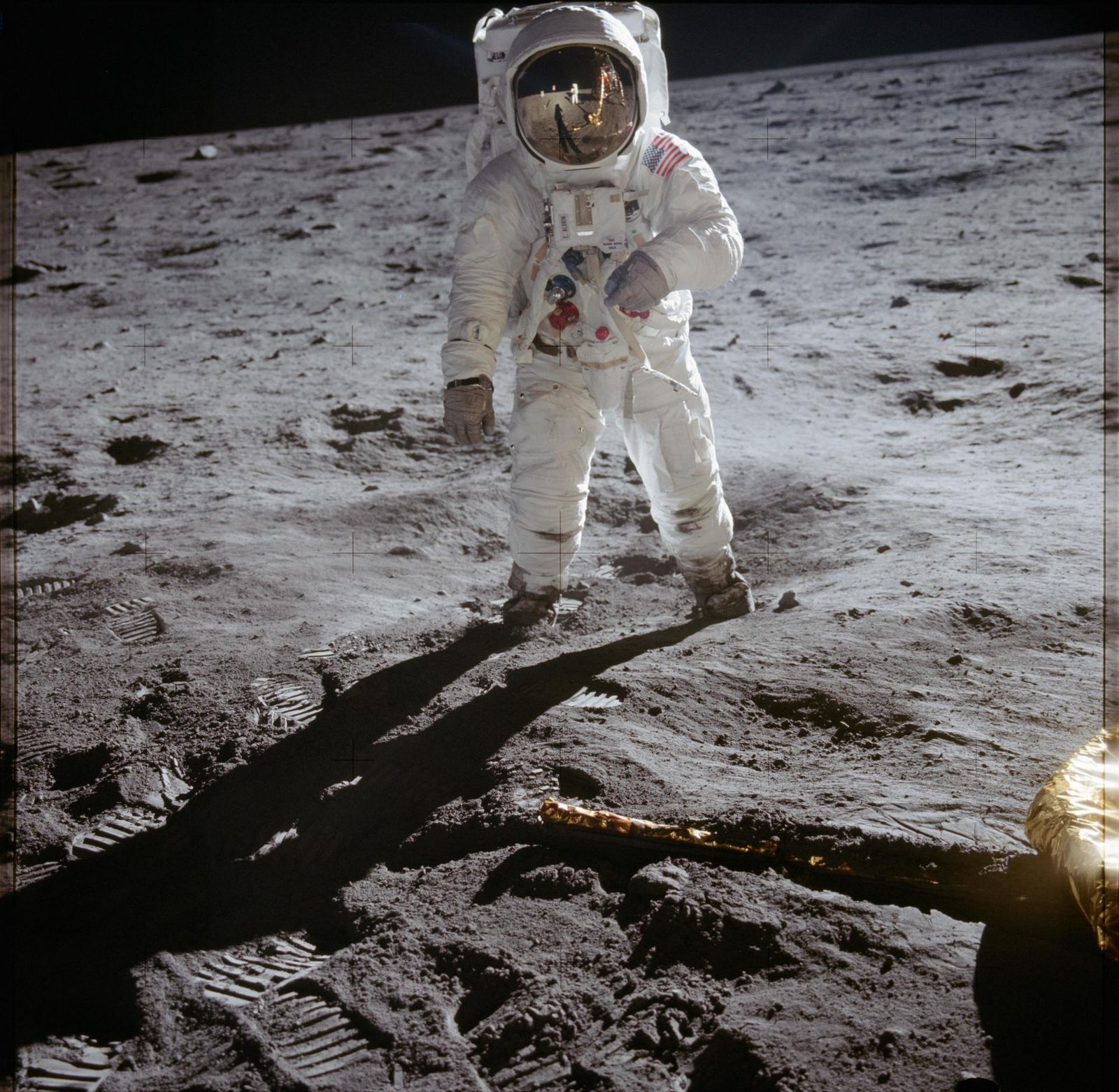 Buzz Aldrin standing on the Moon in the Apollo A7L spacesuit, photographed by Neil Armstrong in July 1969