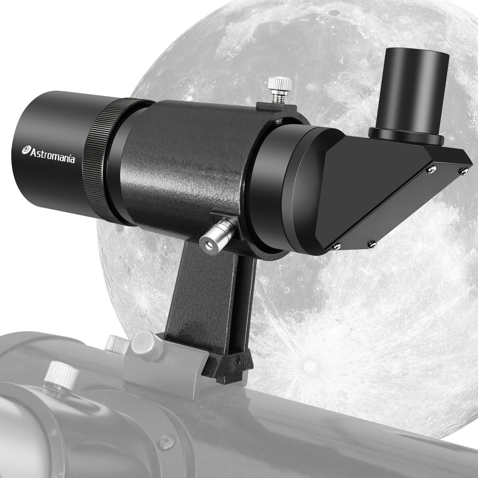 Astromania 9x50 right-angle correct-image finder scope in its bracket