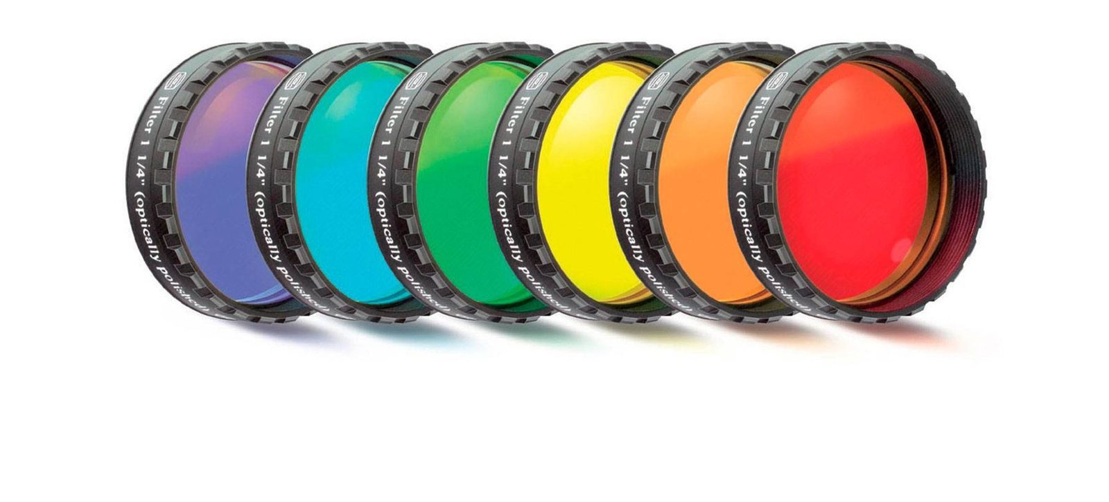 Baader Premium six-piece color filter set for 1.25-inch eyepieces, six colored filters in a row