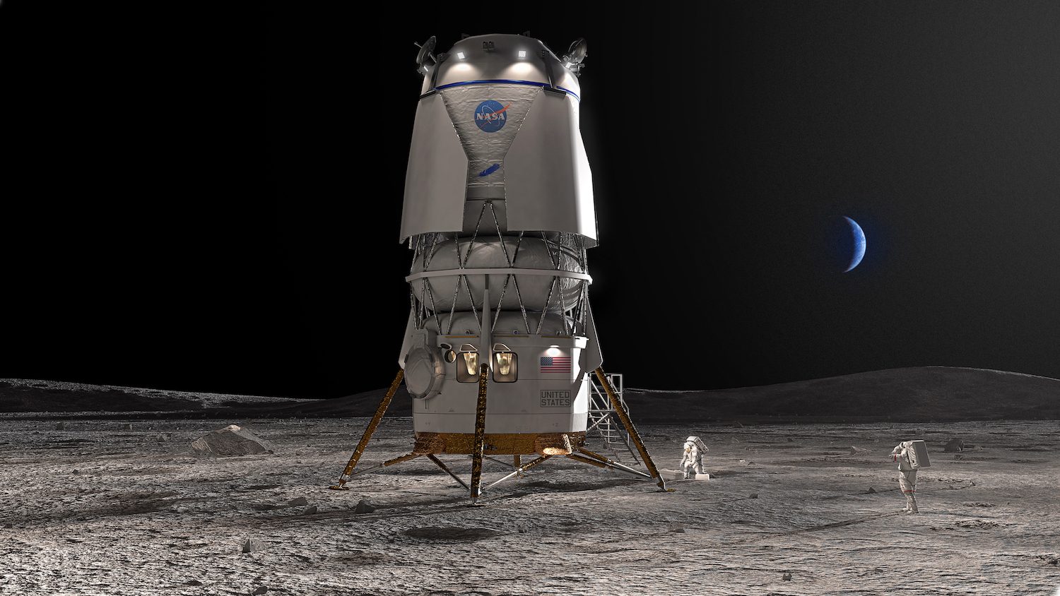 Blue Origin’s Blue Moon lunar lander on the Moon’s surface with astronauts, a crescent Earth in the sky
