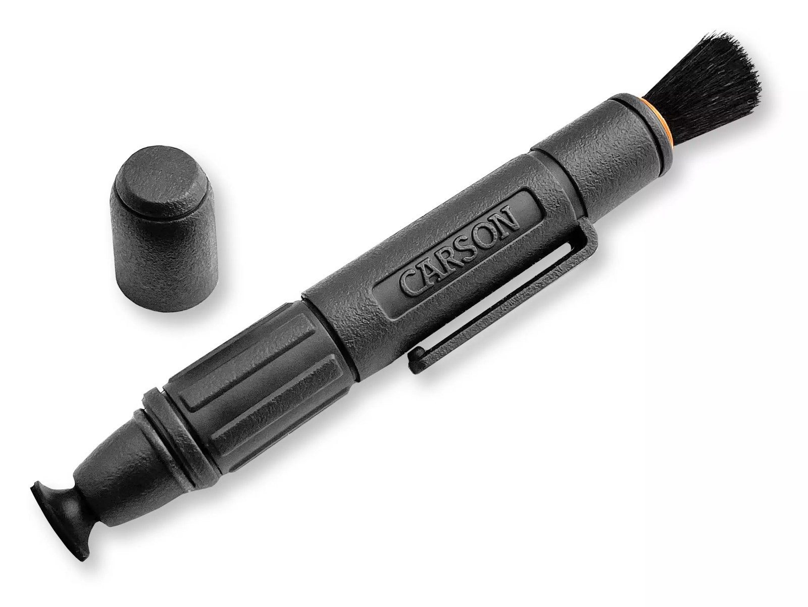 Carson C6 LensPen lens cleaner with its cap off, brush extended and cleaning tip exposed