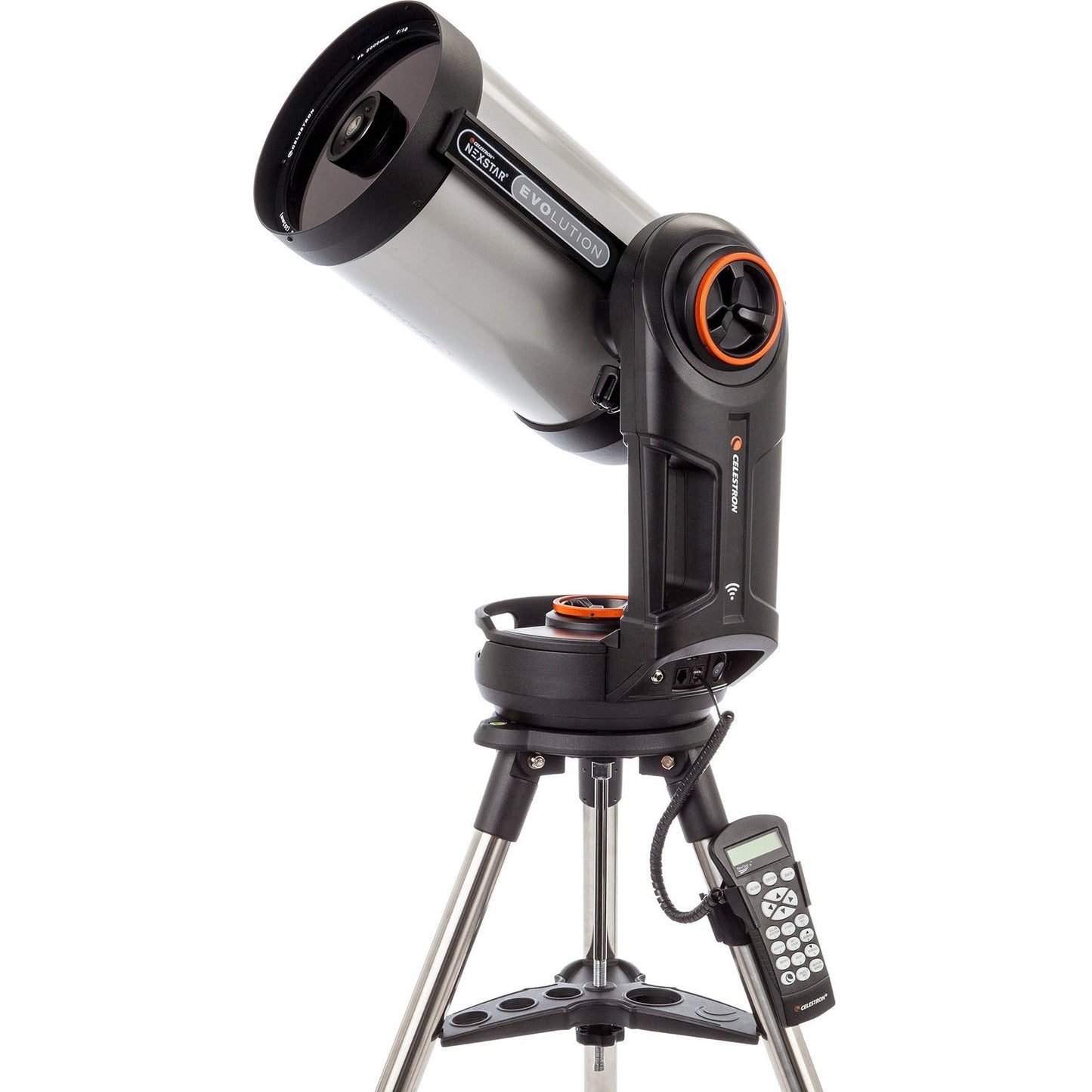 Celestron NexStar Evolution 8 with its graphite 8-inch tube on the WiFi computerized mount and steel tripod, NexStar+ hand control at the side