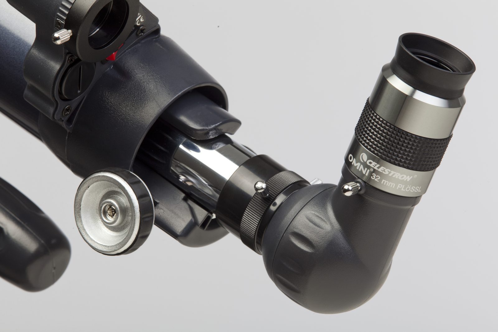 Celestron Omni 32mm Plossl eyepiece seated in a telescope diagonal