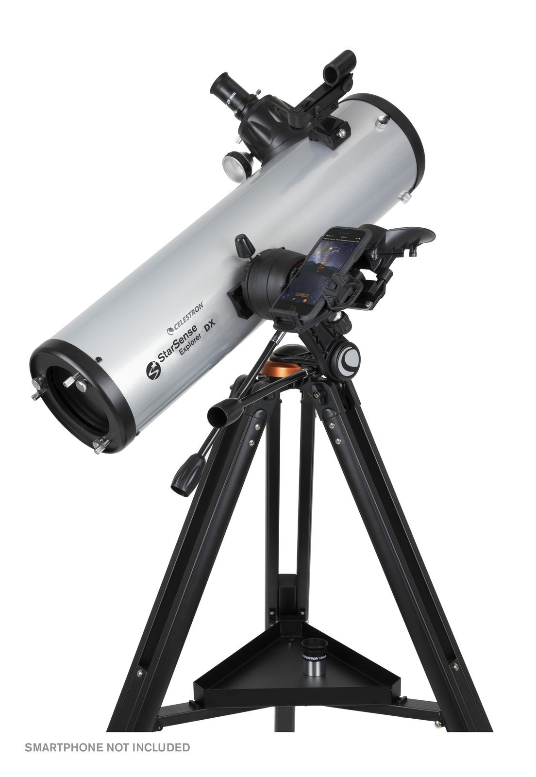 A Celestron StarSense Explorer DX 130AZ Newtonian reflector on its mount &mdash; one of the four main telescope designs a beginner chooses between