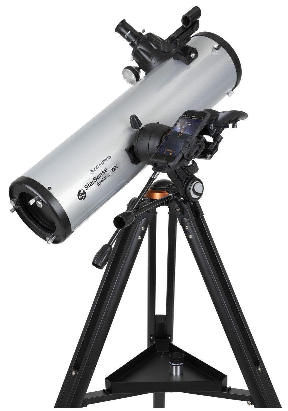 Celestron StarSense Explorer DX 130AZ reflector telescope with smartphone dock on its tripod