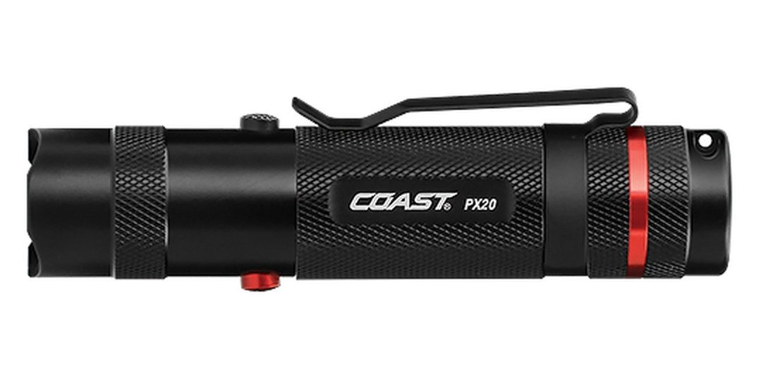 Coast PX20 flashlight side view, black aluminum body with pocket clip and red switch