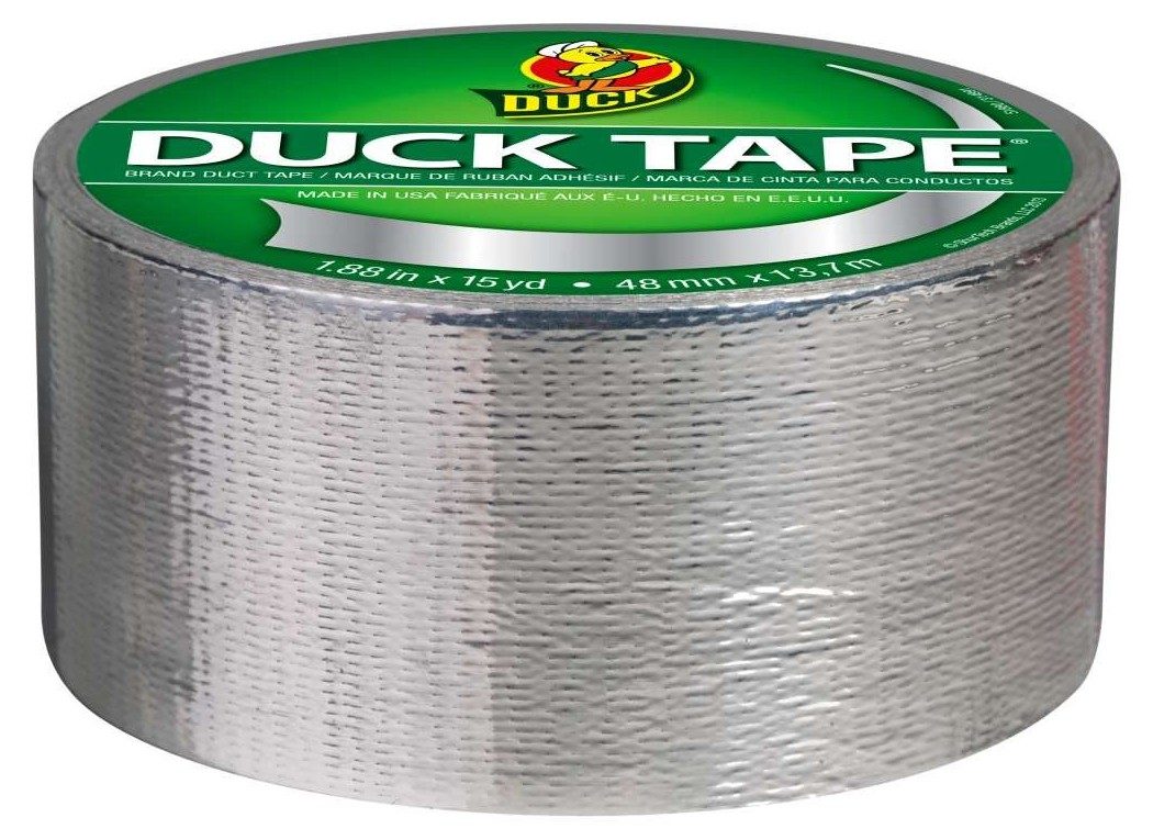 Duck Brand Metallic Chrome duct tape, a 1.88-inch by 15-yard roll with the mirror-finish tape face on
