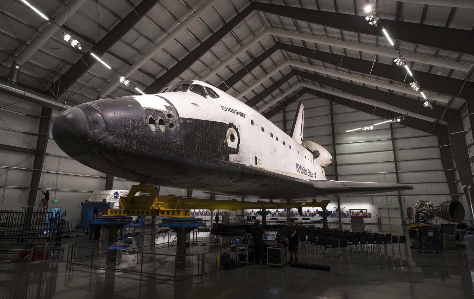 Space shuttle Endeavour mounted on supports inside the Samuel Oschin Pavilion at the California Science Center in Los Angeles