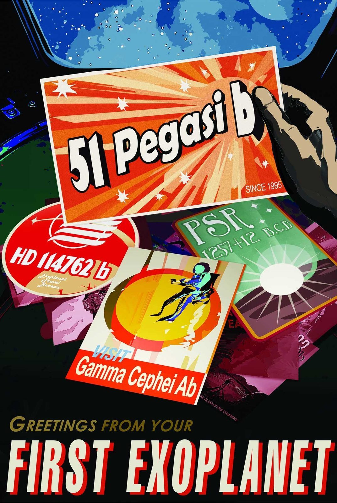 NASA/JPL Exoplanet Travel Bureau poster for 51 Pegasi b, styled as a suitcase covered in retro travel stickers for early exoplanet discoveries including PSR 1257+12 and HD 114762 b