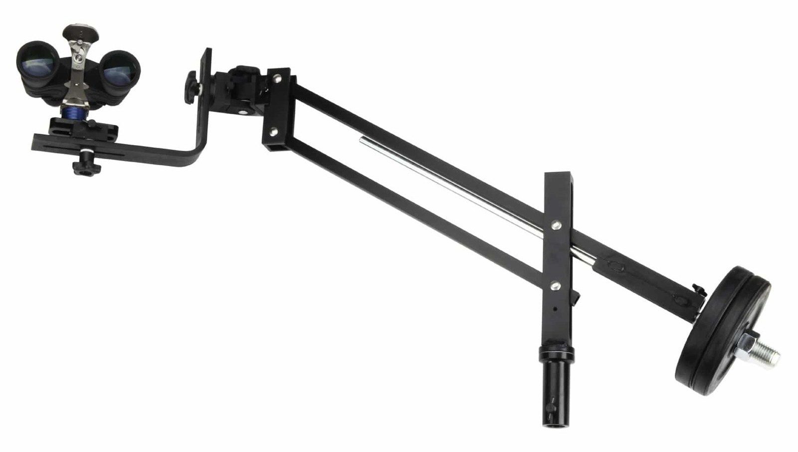 Farpoint Universal Binocular Mount parallelogram with binoculars on the cradle and a counterweight on the tail