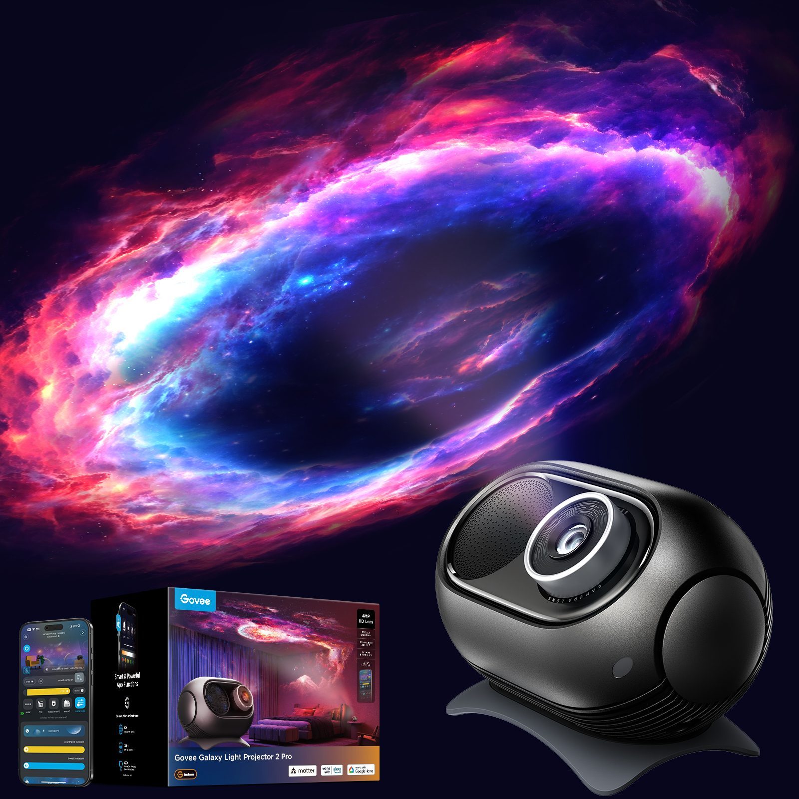Govee Galaxy Light Projector 2 Pro, a dark rounded unit on a curved stand, throwing a swirling pink-and-blue nebula above it, with its retail box and the Govee app beside it