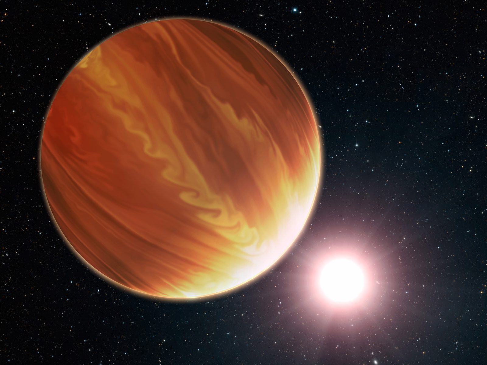 Artist&rsquo;s impression of HD&nbsp;209458&nbsp;b, nicknamed Osiris &mdash; a banded orange gas giant orbiting close to its bright parent star