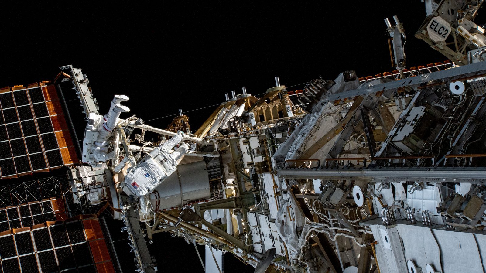 NASA astronauts Stephen Bowen and Sultan Alneyadi working outside the International Space Station during a 2023 spacewalk