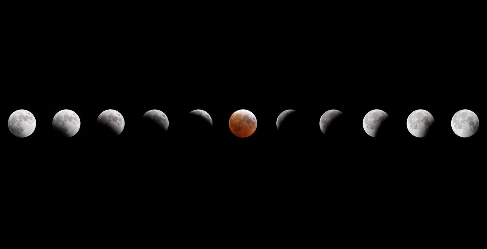A lunar eclipse in sequence &mdash; the full Moon narrowing into Earth&rsquo;s shadow, glowing red at maximum, then emerging again