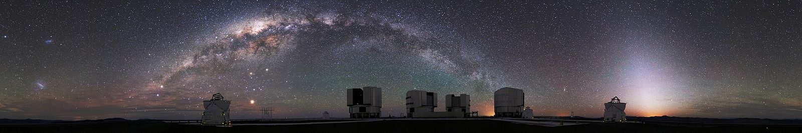 The Milky Way arching over a mountaintop observatory