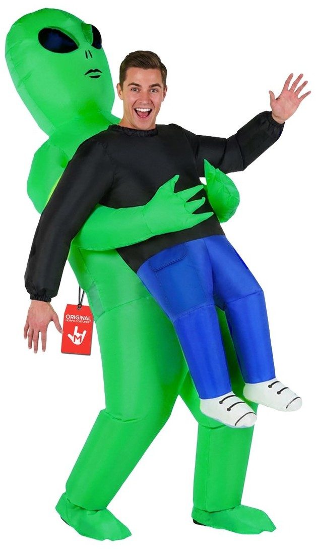 Morph Inflatable Alien Abduction Costume worn by a model: a green inflatable alien appears to carry him off, his own legs dangling from its arms