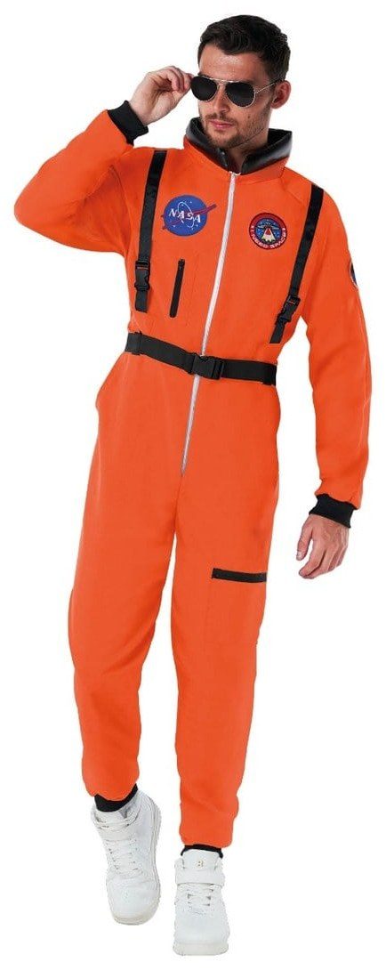 Morph Men’s Orange Astronaut Costume worn by a model: an orange lined jumpsuit with black webbing straps and belt, woven NASA-style badges on the chest and sleeve