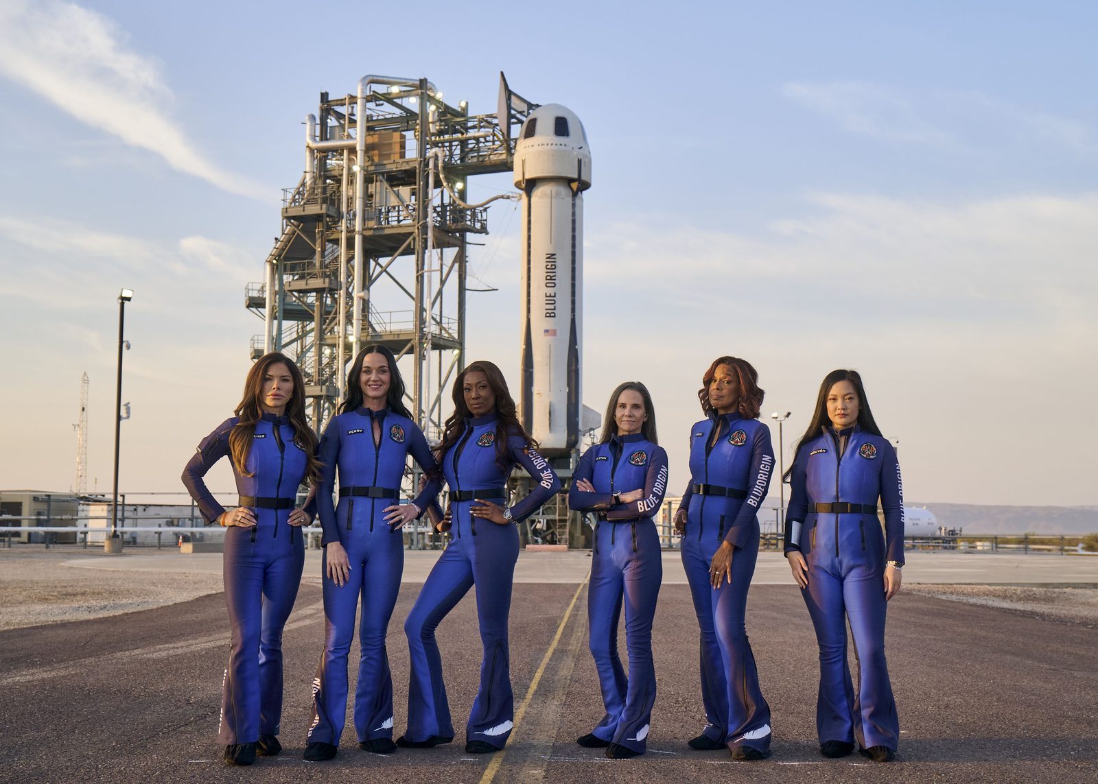 The six-woman crew of Blue Origin&rsquo;s NS-31 standing together before their launch, the first all-female spaceflight since 1963