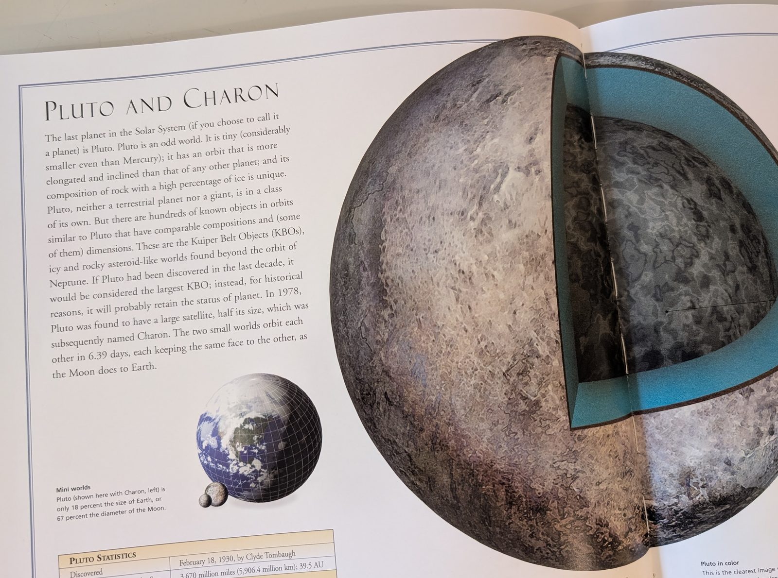The Pluto and Charon spread of the 2006 Illustrated Atlas of the Universe, whose opening line calls Pluto the last planet in the Solar System, if you choose to call it a planet, beside a cutaway illustration of Pluto&rsquo;s interior