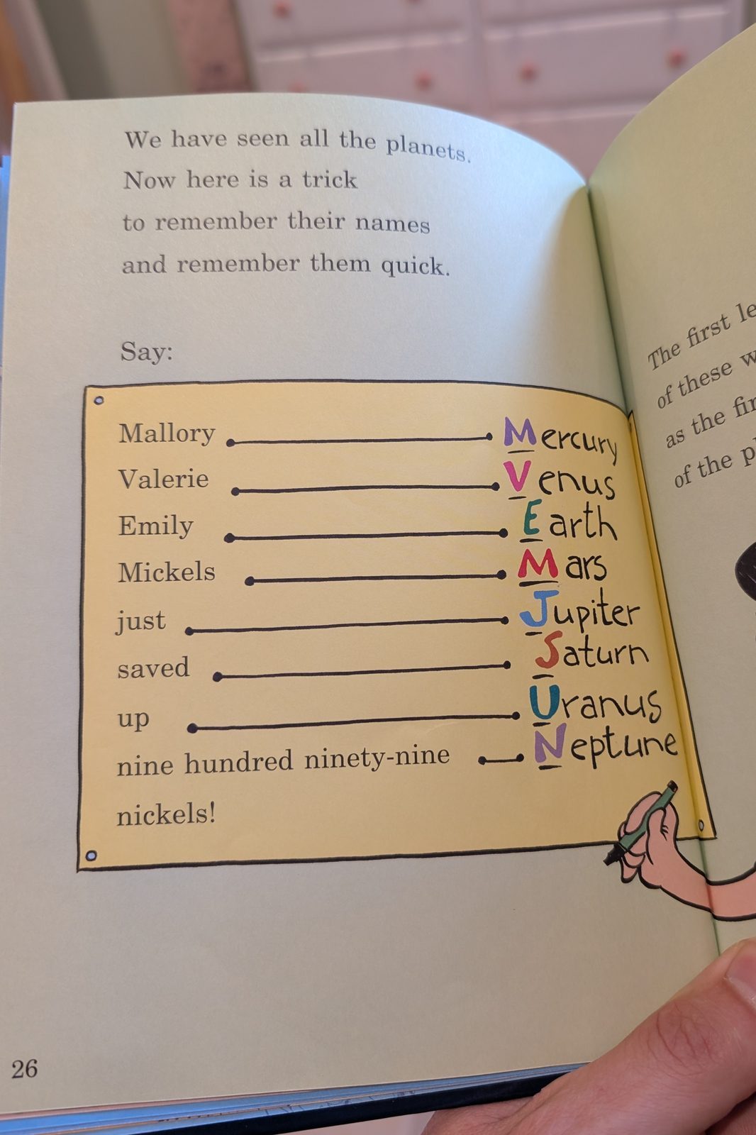 Page 26 of There&rsquo;s No Place Like Space!, showing the mnemonic Mallory Valerie Emily Mickels just saved up nine hundred ninety-nine nickels, each word linked by a line to a planet from Mercury to Neptune