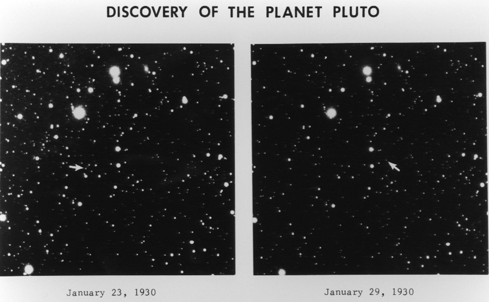 The two photographic plates on which Clyde Tombaugh discovered Pluto in 1930, taken six days apart at Lowell Observatory; white arrows mark the faint point of light that shifts against the fixed background stars
