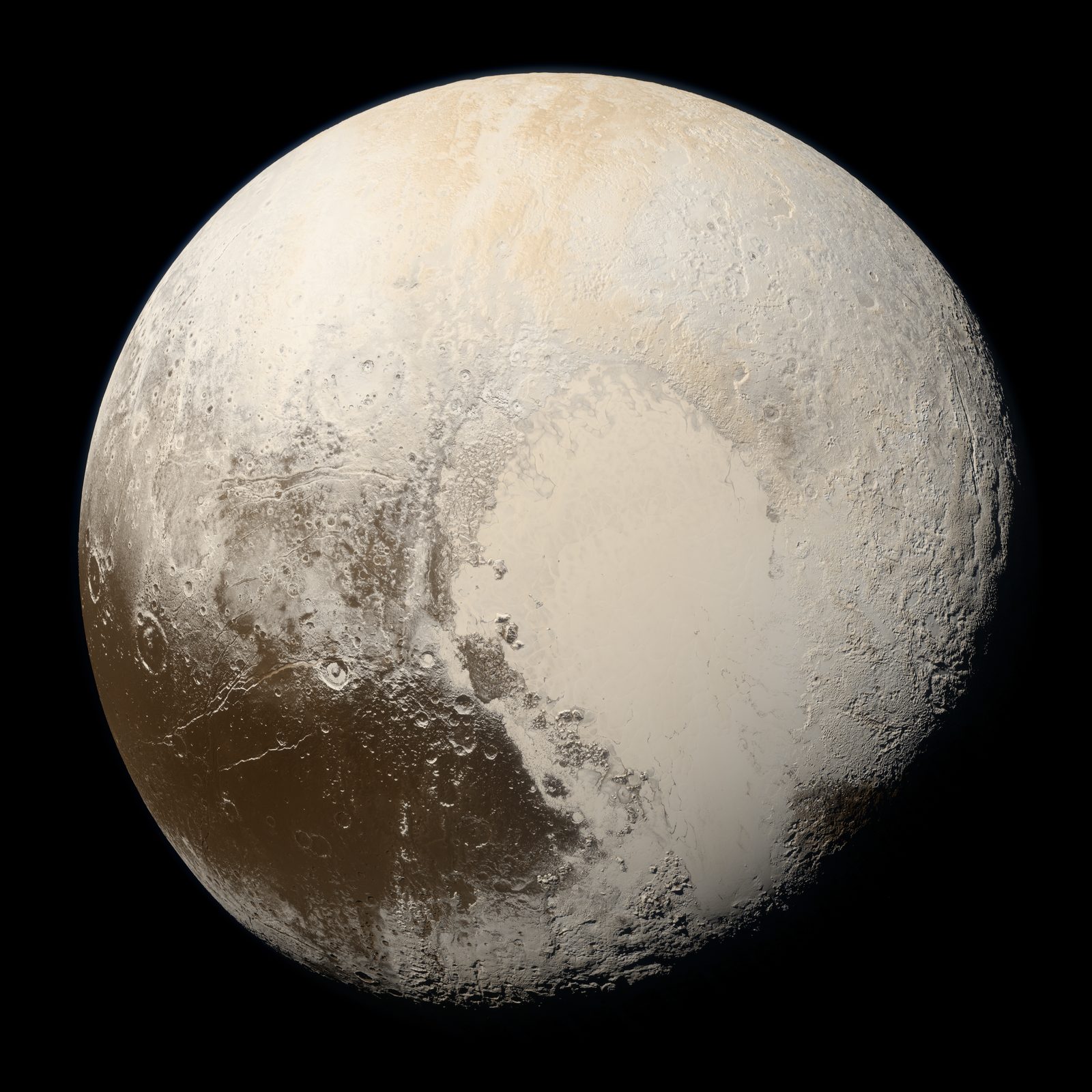 Pluto in near-true color from New Horizons, the bright nitrogen-ice heart of Sputnik Planitia set against darker cratered terrain