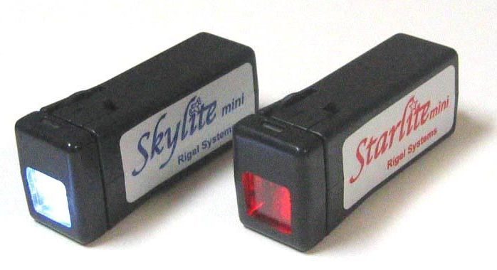 A Skylite Mini with white LED lit and a Starlite Mini with red LED lit, side by side