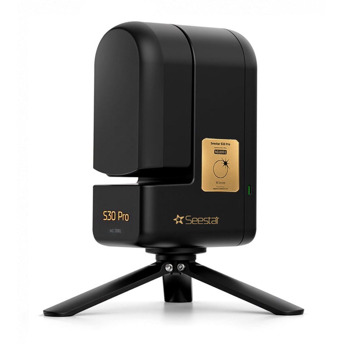 ZWO Seestar S30 Pro Total Solar Eclipse Edition in tea-black with a gold eclipse emblem and numbered commemorative plate, on its tripod