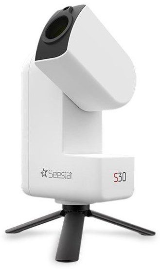The ZWO Seestar S30 smart telescope on its included tripod, tube tilted up