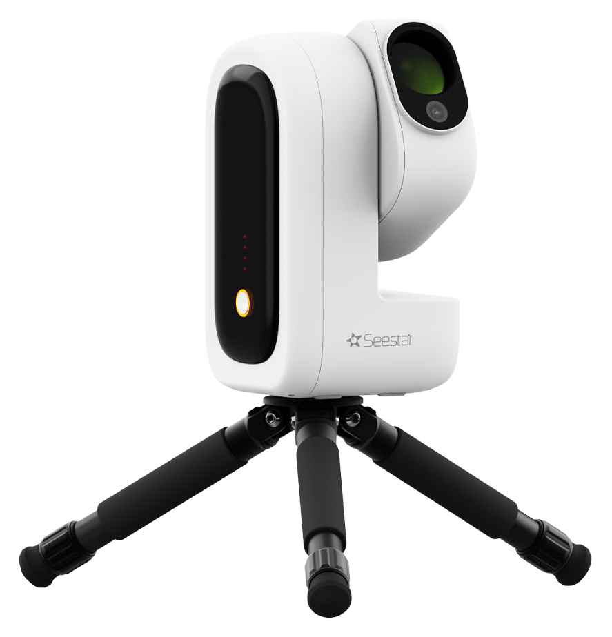 ZWO Seestar S50 Pro smart telescope on its tripod, showing the 50mm telephoto lens