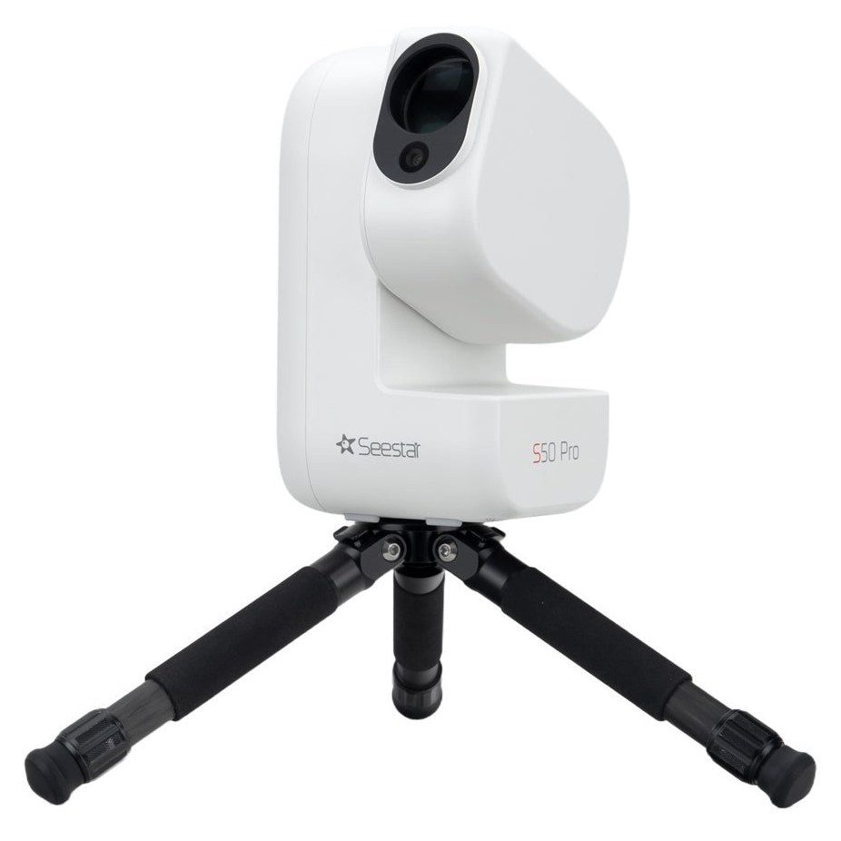 ZWO Seestar S50 Pro smart telescope folded on its tripod, front view with the S50 Pro wordmark