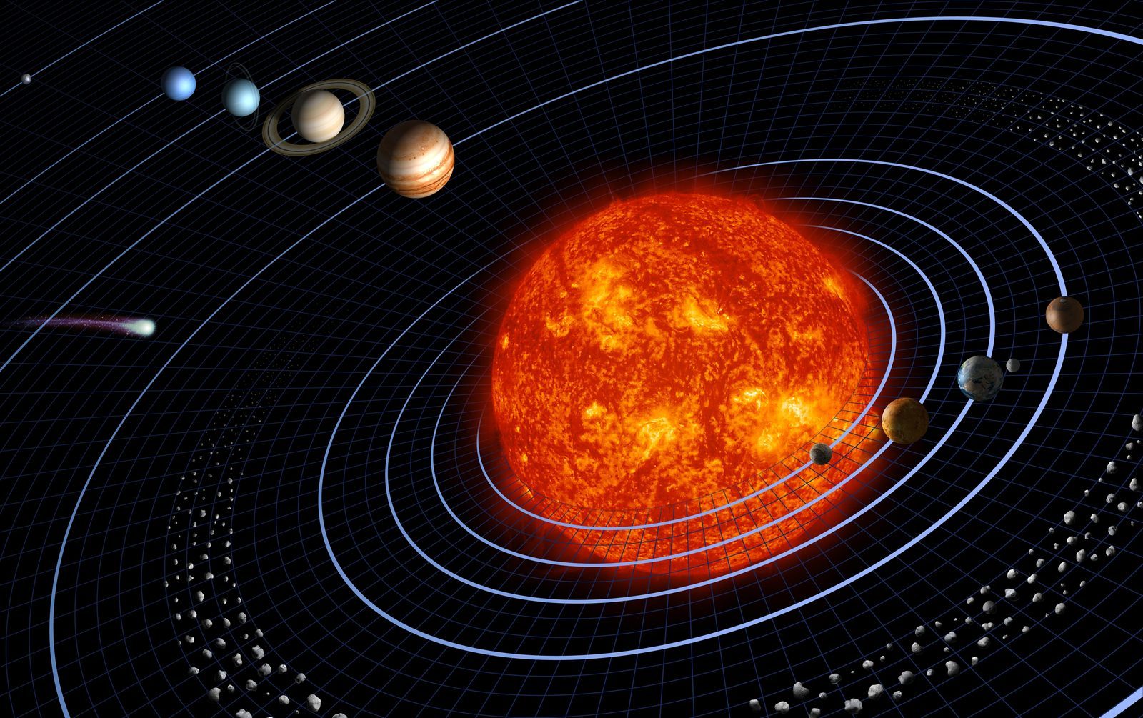 The solar system as a family portrait: the Sun at center with all eight planets arranged along their orbits, from Mercury out to Neptune (artist&rsquo;s concept, not to scale)