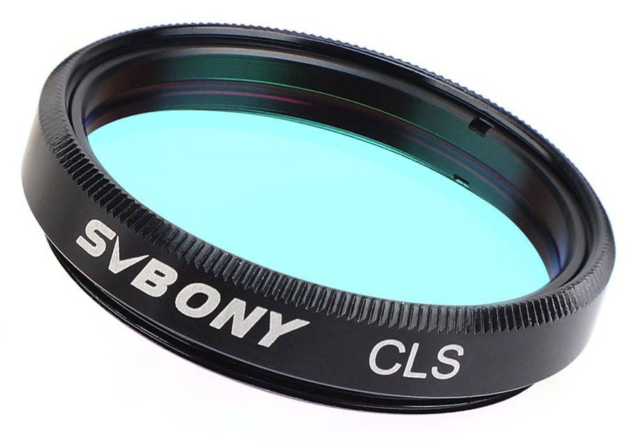 SVBONY CLS 1.25-inch broadband light-pollution filter, angled view showing the aqua filter glass