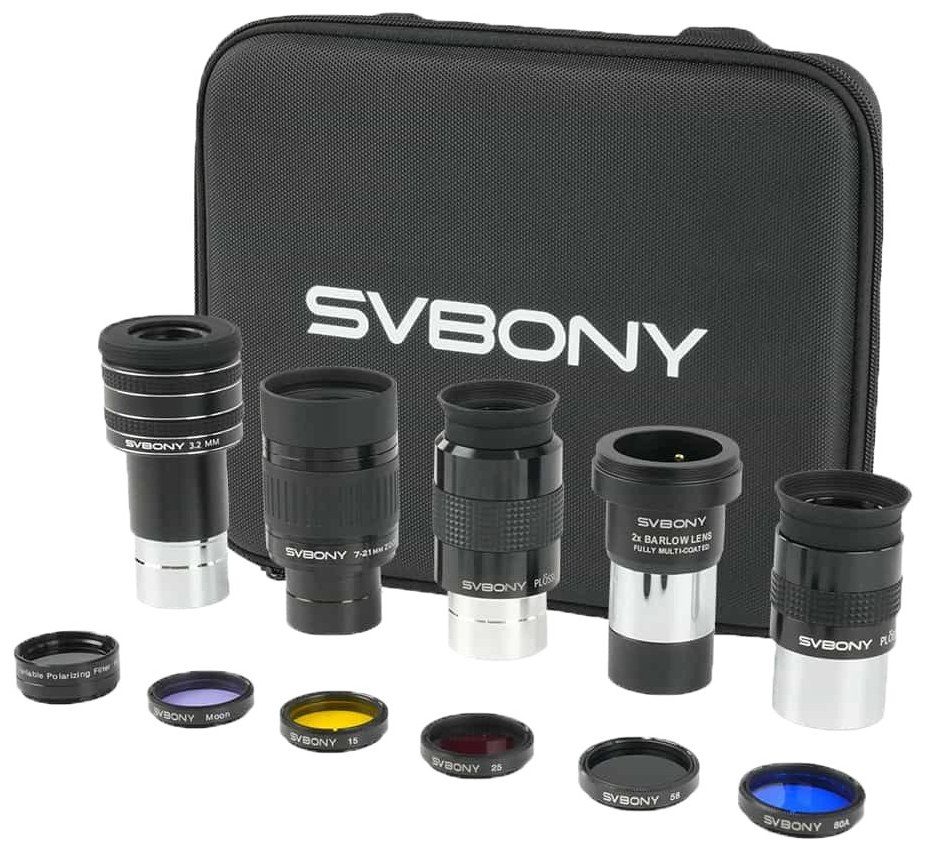 SVBONY SV233 all-in-one telescope accessory kit: carrying case, four eyepieces including a 7-21mm zoom, 2x Barlow and six 1.25-inch filters