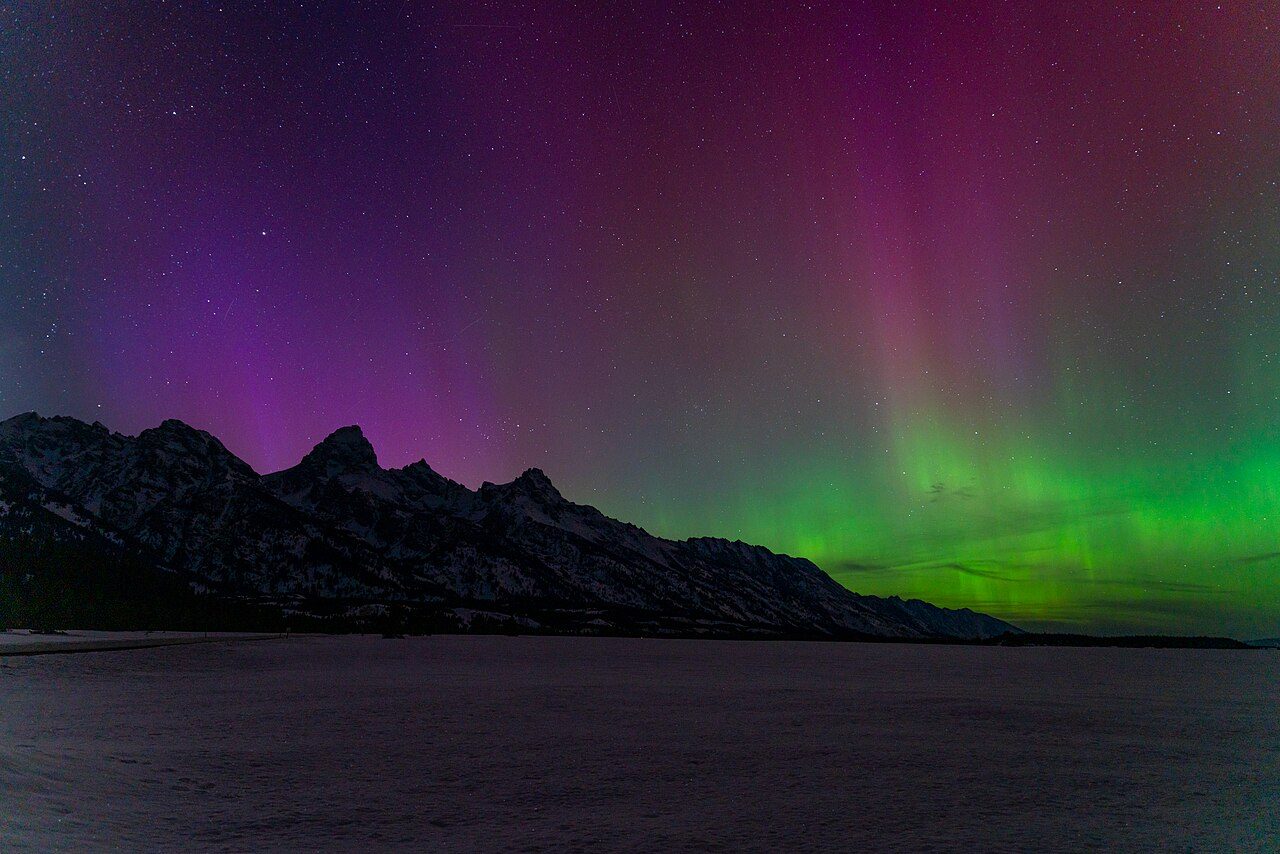 The aurora over the Teton Range in Grand Teton National Park — a rare strong display reaching Wyoming, photographed by park staff in April 2023