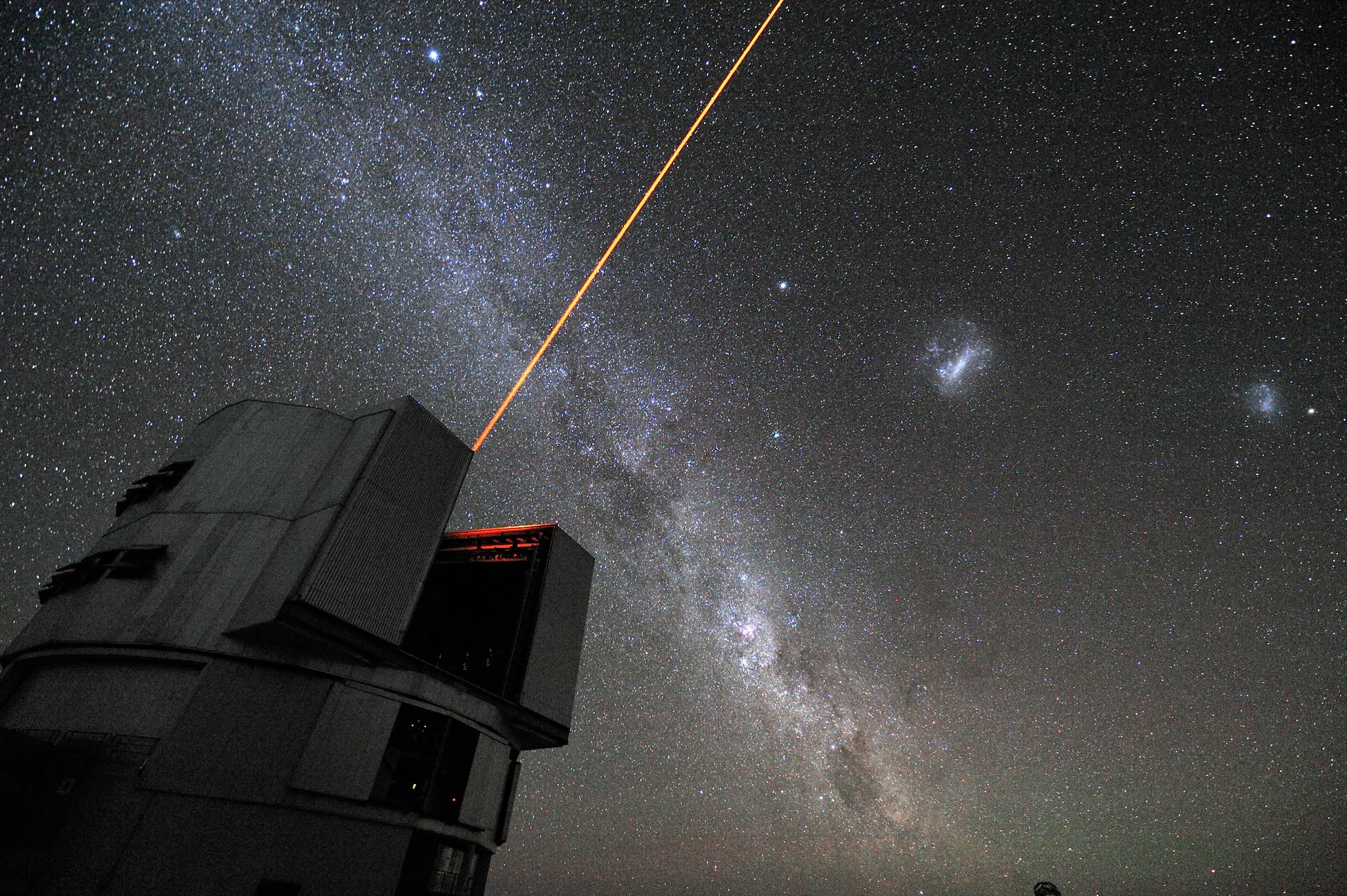 A laser guide star firing into the Milky Way over ESO’s Very Large Telescope — the two things these projectors put on a ceiling, a laser-drawn starfield and the real mapped sky, in one photograph