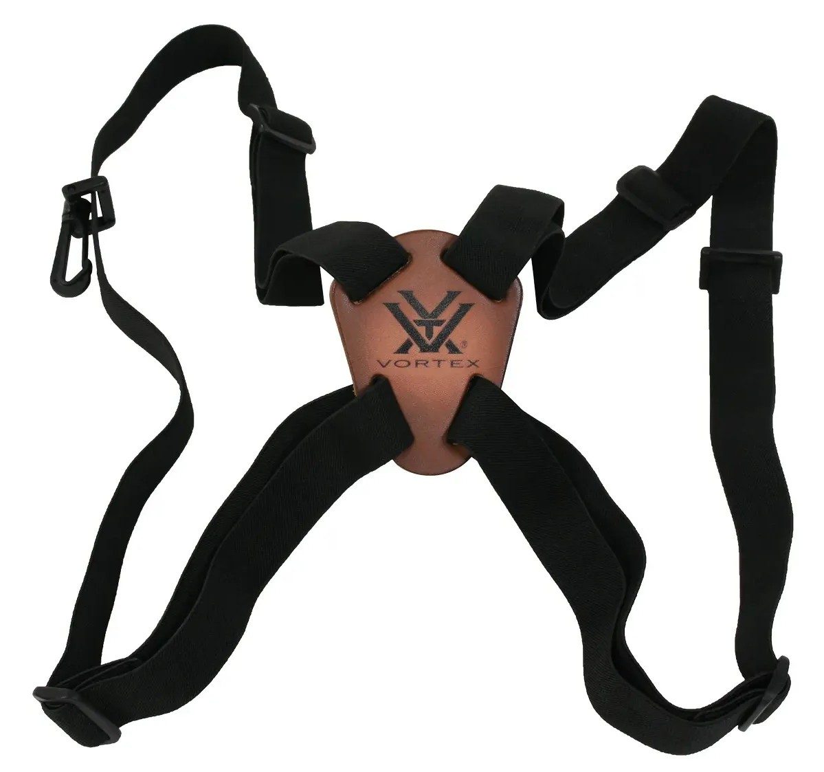 Vortex Optics binocular harness strap, black elastic straps with the leather Vortex back plate
