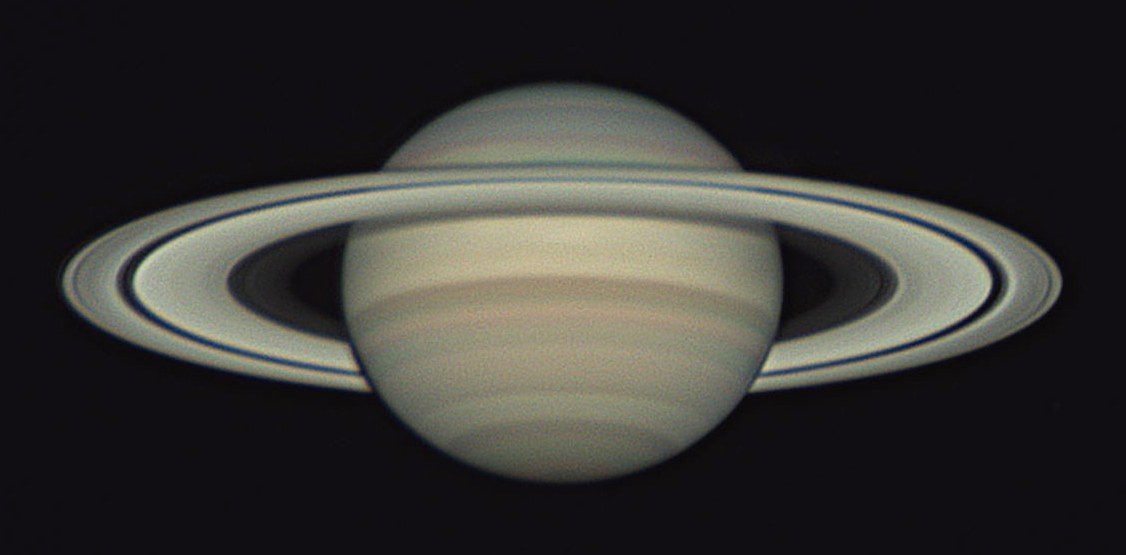 Saturn and its rings in fine detail, with the Encke gap and the faint inner crepe ring visible, photographed through a 24-inch Zambuto mirror