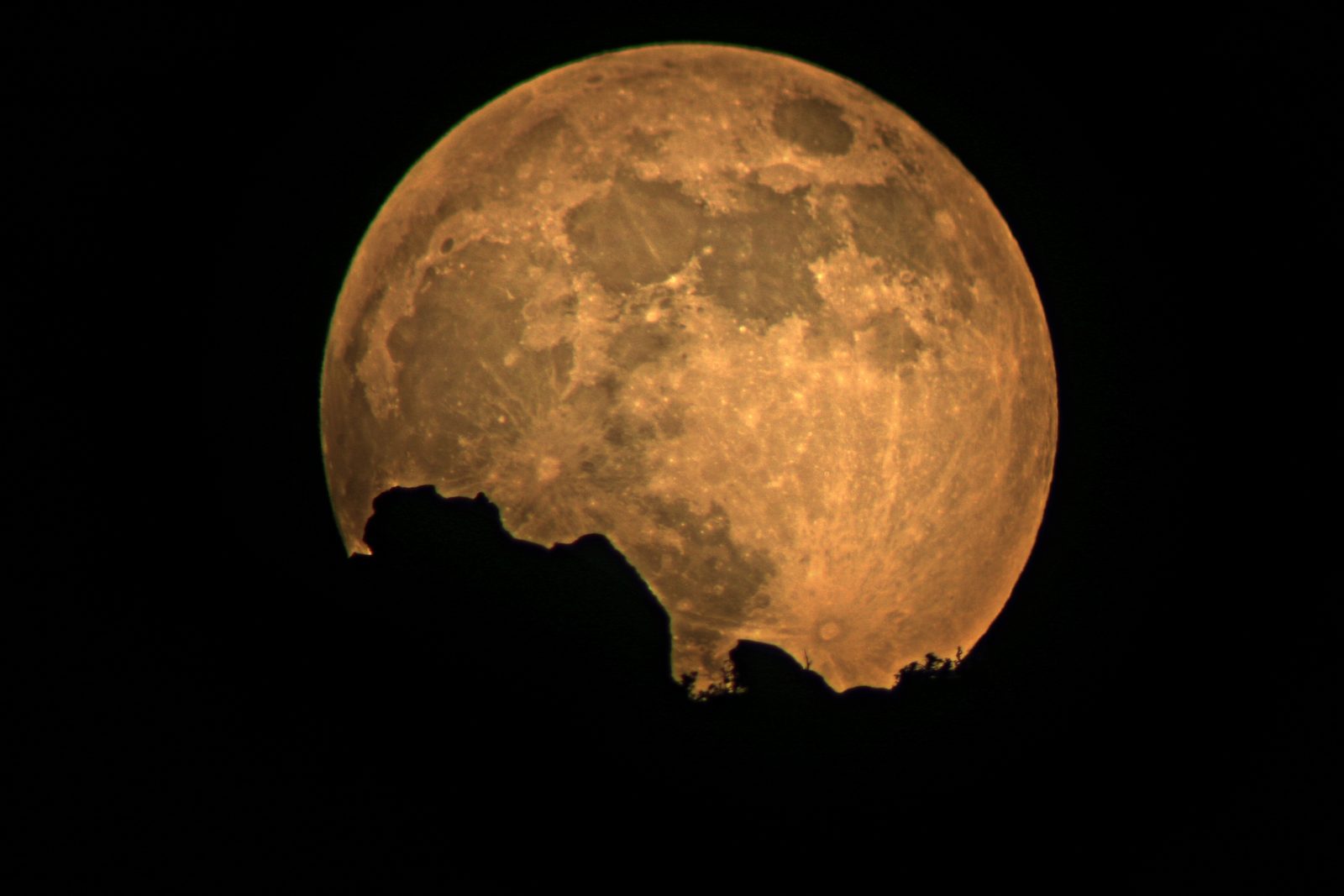 A huge amber full moon rising behind a dark sandstone formation in Zion National Park