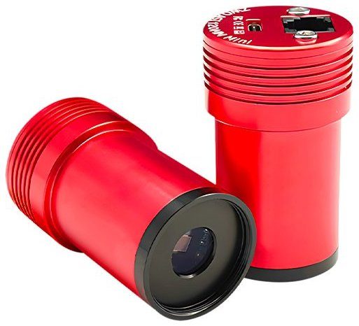 Two views of the ZWO ASI120MM Mini guide camera, showing the eyepiece-sized barrel and the USB and ST4 ports