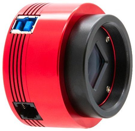 ZWO ASI585MC astronomy camera, red cylindrical body with its sensor exposed