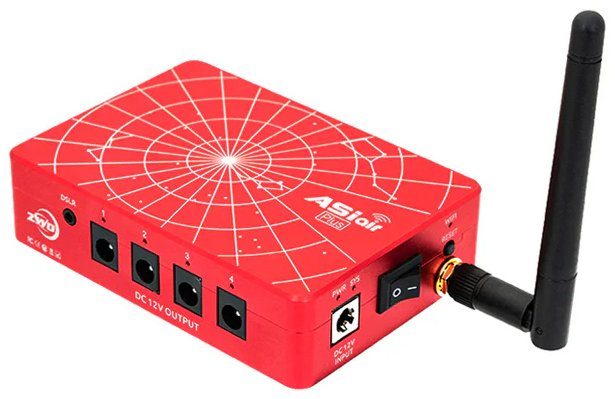ZWO ASIAIR Plus astrophotography controller with its constellation-etched red case and Wi-Fi antenna